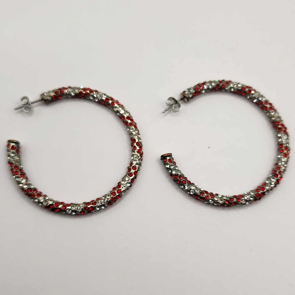 Red Clear Rhinestone Pave Crystal Large Chunky Hoop Pierced Earrings Festive Hol